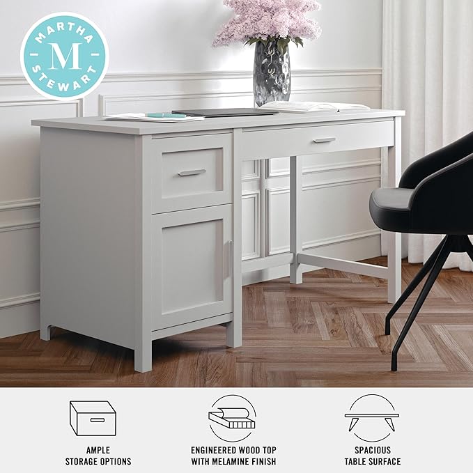 Martha Stewart Hutton Shaker Style Home Office Desk with Storage in Gray with Brushed Nickel Hardware