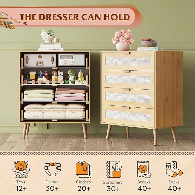 WLIVE Rattan Dresser for Bedroom, 4 Drawer Wooden Boho Dresser Storage with Gold Metal Handle, Chest of Drawers for Living Room, Closet, Hallway, Light Oak