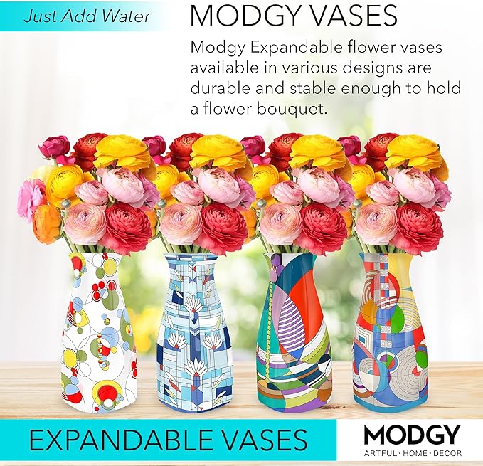MODGY Expandable Flower Vase Set, Plastic Decorative Modern Foldable Printed Vases for Centerpieces for Wedding, Dining Table, Home Decor, Living Room, Bathroom, Office, Frank Lloyd Wright, 4 Pack