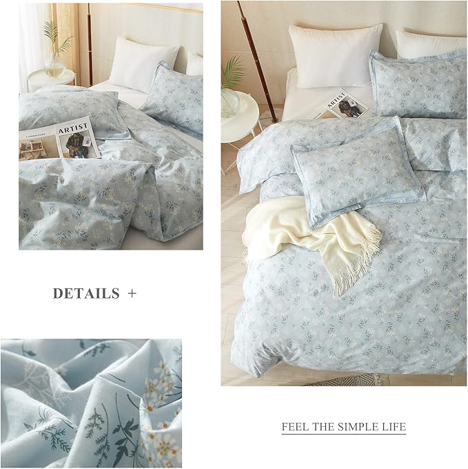 HighBuy Boho Floral Duvet Cover Full Cotton Aesthetic Blue Floral Full Comforter Cover Set Lightweight Soft Garden Style Bedding Set Full Duvet Cover Set Zipper Closure Breathable Full