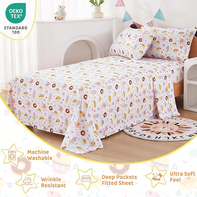 Viviland 3 Pieces Girls Cake Dessert Twin Sheet Set - Soft Microfiber Fitted Flat Sheets & Pillowcase - Kids Cute Ice Cream Donuts Print Bedding Sets - for Kids & Toddlers