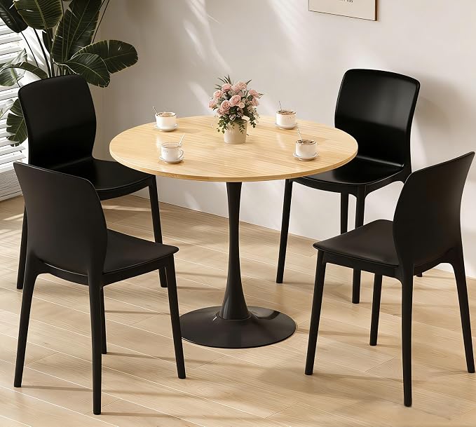 31.5" Tulip Table for 2-4 Persons Modern Round Dining Room Table, Mid-Century Modern Nature Small Kitchen Table with MDF Wooden Top, Leisure Coffee Table for Living Room, Dining Room, Office
