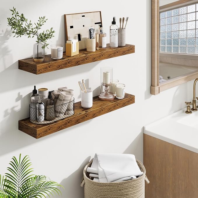 Fun Memories Floating Shelves 30 Inch, Wall Mounted Wood Shelf Set of 2, Farmhouse Decor for Bathroom, Bedroom, Kitchen, Living Room, Rustic Brown