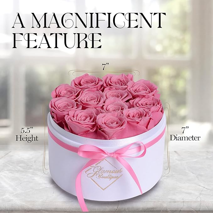 GLAMOUR BOUTIQUE Flower Forever Gift Box 12 Real Preserved Roses in Round Velvet White Box, Handmade, Rose Petals, Birthday, Marriage, Anniversary, Graduation - Pink