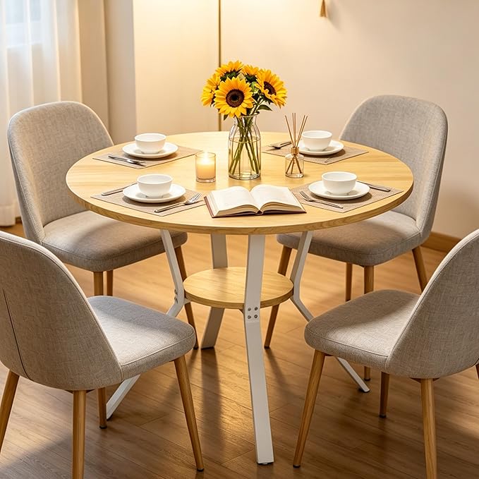 Wildhome Round Dining Table for 2-4, 43 Inch Dining Room Kitchen Table with 1-Tier Storage Shelf, Modern Farmhouse Dinner Furniture with Adjustable feet,Oval Circle(43in-Oak)