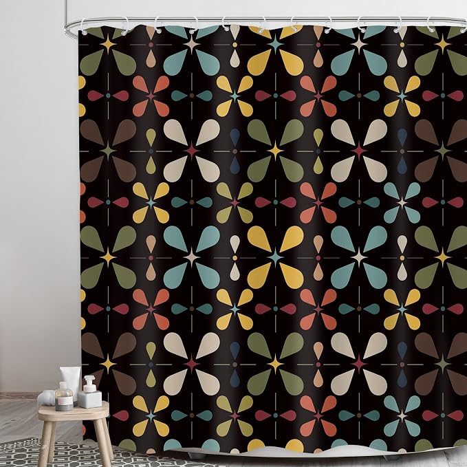Black Boho Mid Century Shower Curtain Bathroom Set 71Wx71H Inches Colourful Vintage Modern Abstract Retro Chic Geometric Women Men Bath Accessories Bohemian Art Home Decor Fabric 12 Pack Hooks