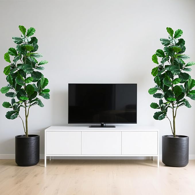 Artificial Fiddle Leaf Fig Tree：7FT Tall Faux Ficus Lyrata Plant Fake Fig Trees Realistic Green Silk Large Leaves with Natural Trunks & Pebbles in Black Planter for Indoor Outdoor Office Home.