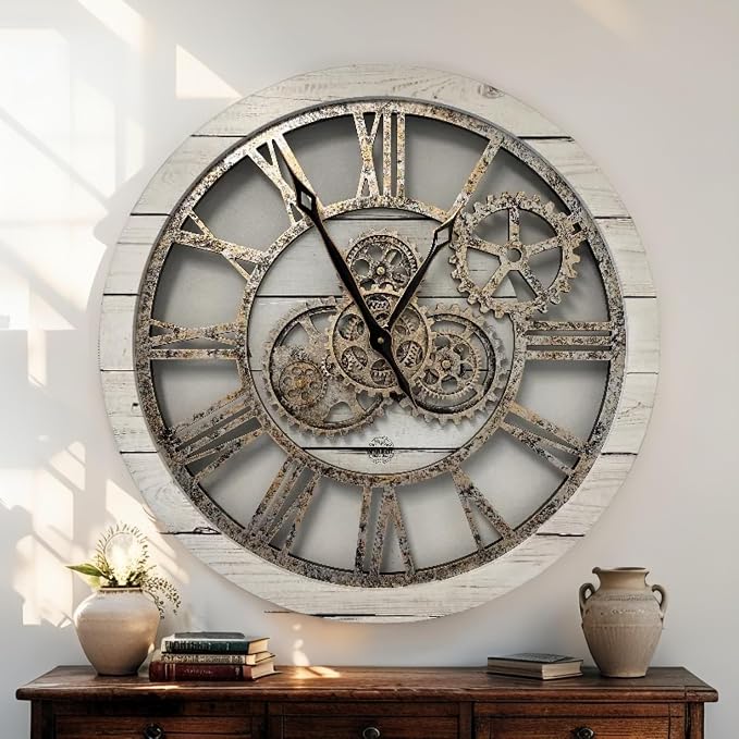 ImprovingLife The Gears Clock The Original Real Moving Gear Wall Clock Vintage Industrial Oversized Rustic Farmhouse (24 inch (60cm),White Farmhouse)