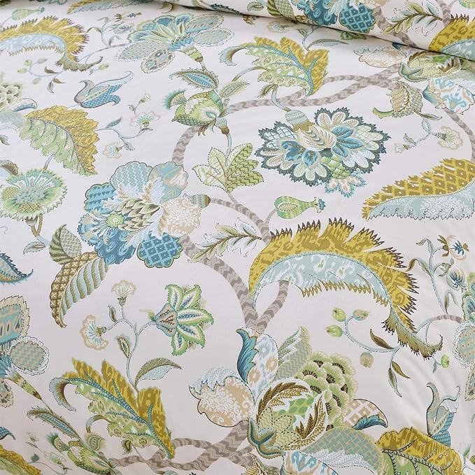 mixinni Cotton Print Paisley Duvet Cover for Queen Size Bed Green Floral Duvet Cover Set Reversible Design Blue Bedding Set 1 Duvet Cover 2 Pillowcases for Him and Her- (3pcs, Queen Size)