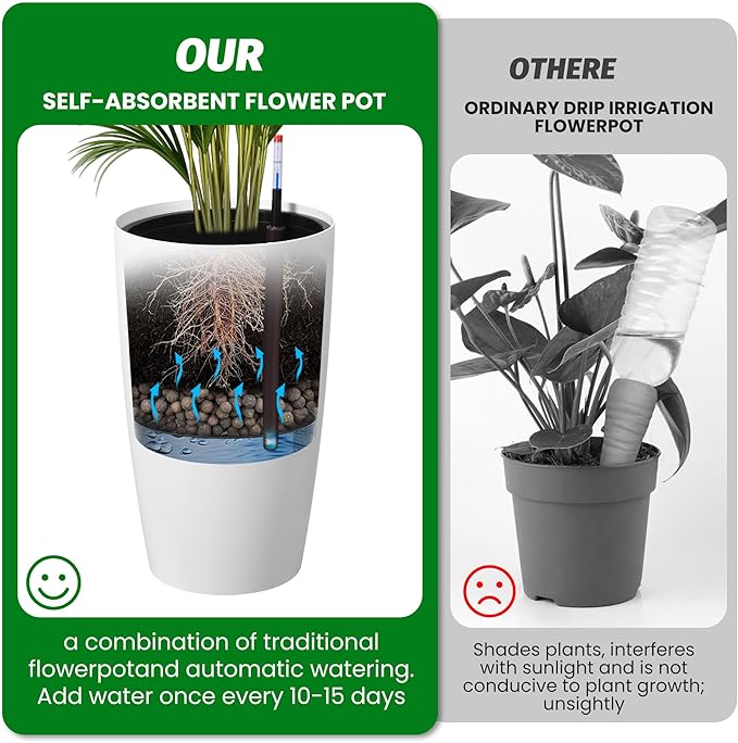GarveeLife Set of 2 Tall Planters for Outdoor Plants, 22 in Large Planters for Outdoor Indoor Plants with Water Level Monitor ＆ Inner Bucket, Automatic Watering, for Porch, Patio, Backyard, White