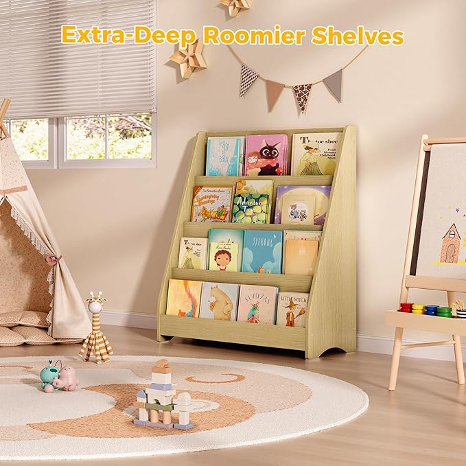 Tatub 4 Tier Kids Wooden Bookshelf, Toddler Sling Bookcase Montessori Bookshelf, Children Front Facing Book Shelf for Nursery, Playroom and Classroom, Natural Wood