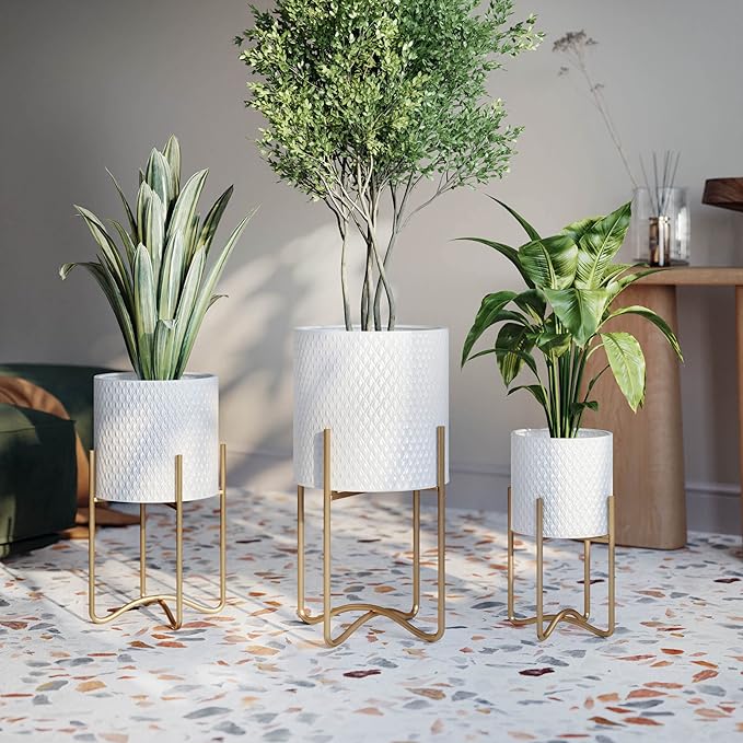 EverNest Claire Mid-Century Modern White Plant Pot with Ambrose Stand, SelectBase, Indoor Plant Pot, Bohemian Style, Minimalist Plant Home Décor (Set of 3, Gold)
