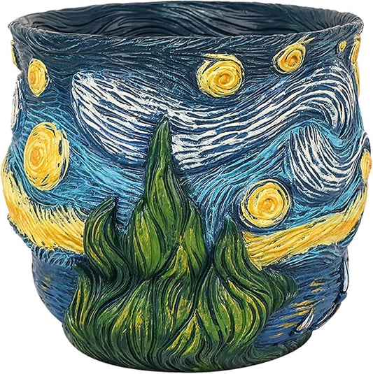 Van Gogh Inspired Planter Pots Cute Unique Starry Night Theme Flower Pots for Indoor Plant Acolorful Art Resin Vase for Home Desk Decoration