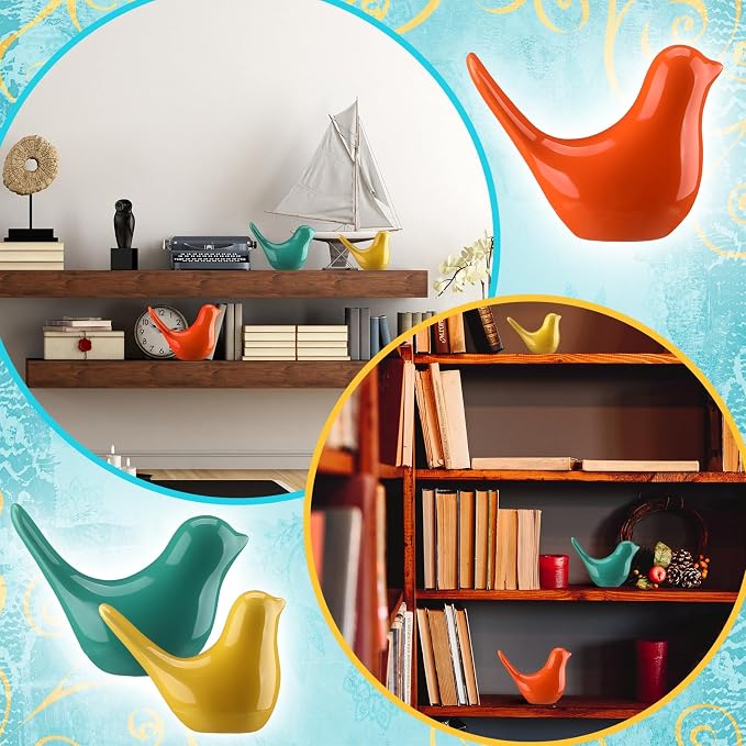 AceOrbit 3pcs Mid Century Modern Decor Medieval Table Decor Ceramic Birds Orange Blue and Yellow Ceramic Birds for Home Office Table Desktop Bookshelf Mantelpiece Shelf Centerpiece