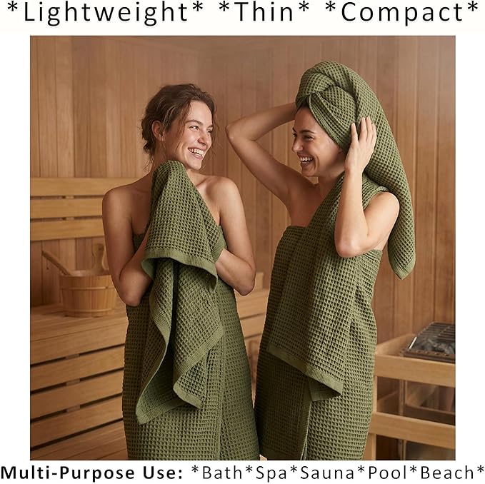 PÜSKÜL 4-Piece Natural 100% Turkish Cotton Luxury Waffle Towels for Bathroom | Premium Honeycomb Weave 2 Hand Towel & 2 Bath Towel Set | Soft Absorbent Quick-Dry Lightweight Towels (Khaki Green)