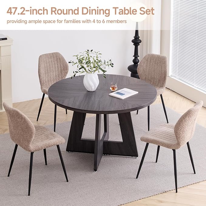 Round Dining Table Set for 4 with Chairs Kitchen Table and Chairs Set Dining Room Tables Mid-Century Modern Chair with Metal Legs for Apartment Living Room(Dark Gray Table With 4 Brown Chairs)
