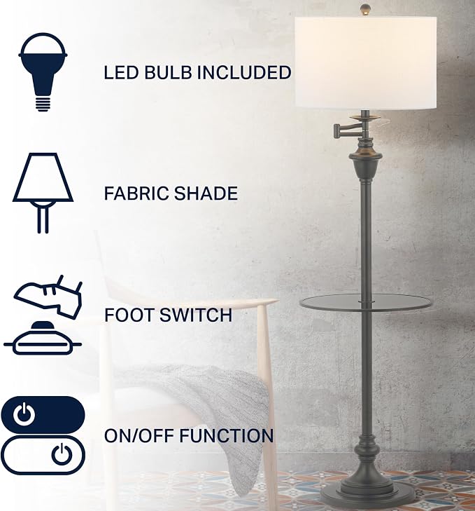 JONATHAN Y 60" Black Floor Lamp with Integrated Glass Side Table, Modern Swing Arm Standing Lamp for Living Room, White Linen Shade, LED Bulb Included (JYL3055D)