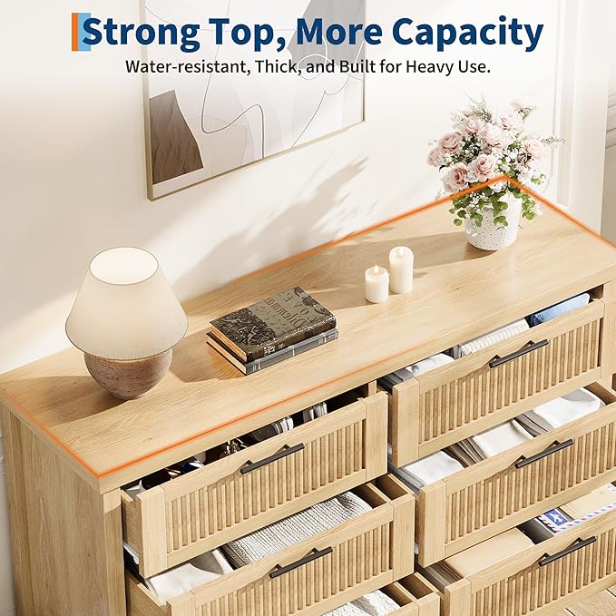 GarveeHome Fluted 6 Drawer Dresser for Bedroom, 47.4 in Wide Mid Century Modern Chest of Drawers, Wooden Fluted Dresser Chest with Clothes Storage Cabinet, Drawer Organizer for Living Room, Natural