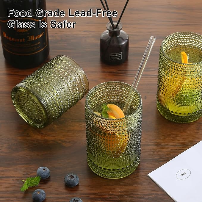 ZMOWIPDL Vintage Glassware Drinking Glasses Set of 12,Green 12oz & 15oz Hobnail Glass Cups,Embossed Water Tumbler,for Beer,Cocktail,Whiskey,Juice and Various Mixed Drinks- 1 Cleaning Brush