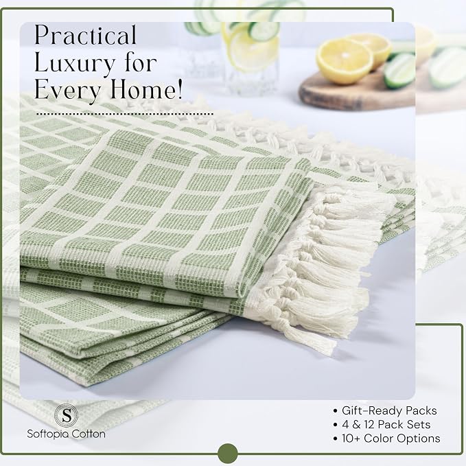 Matrix Dobby Kitchen Towels 12 Pack 100% Cotton, 16x26 Inches, Fast Drying, Absorbent Dish Towels with Handmade Tassels, Reusable Cleaning Cloths for Daily Use - Mint Green, White