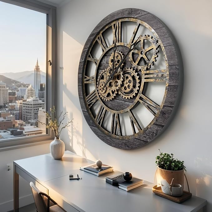 ImprovingLife The Gears Clock The Original Real Moving Gear Wall Clock Vintage Industrial Oversized Rustic Farmhouse (24 inch (60cm), Vintage Carbon Grey and Bronze)