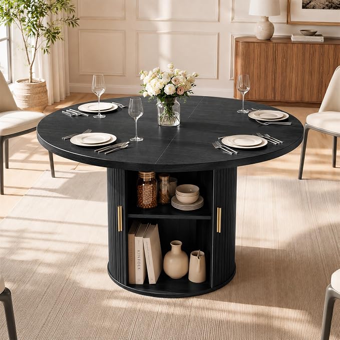 47" Round Dining Table for 4-6, Space-Saving Dining Room Table with Core Rolling Shutter Storage Shelf and Thick Tabletop, Wood Grain Dinner Table for Kitchen, Dining Room, Living Room, Black