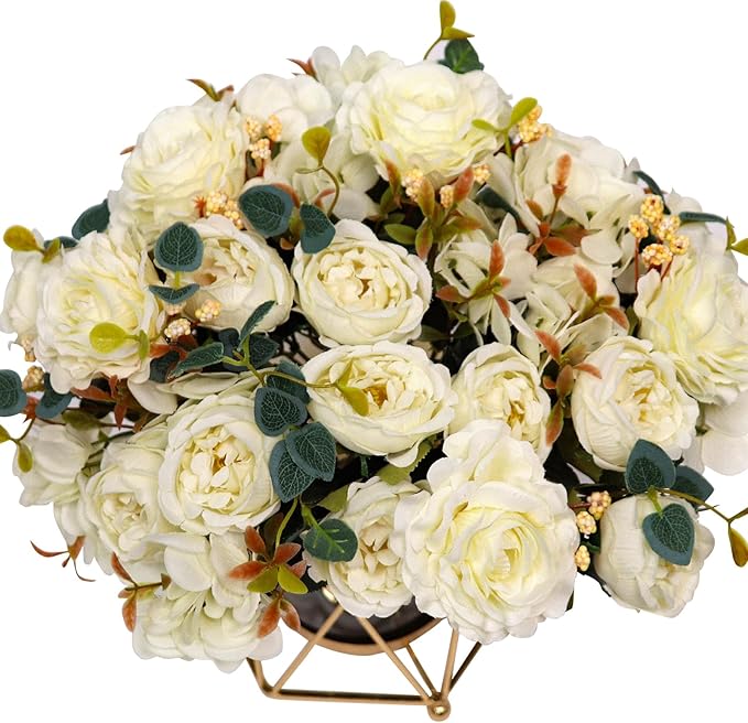 Faux Flowers with Vase, Silk Peony Bouquet Artificial Flowers in Vase, Fake Flowers Floral Arrangement for Home Decor Indoor, Table Centerpieces Flowers Decoration for Farmhouse (White Peony)