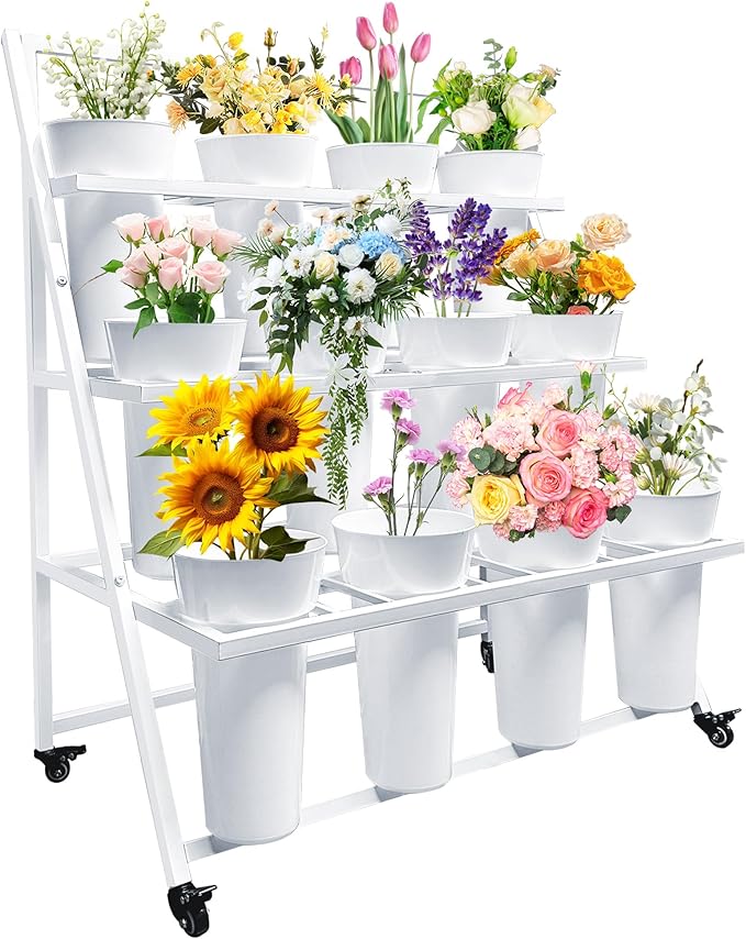 PROLEE Flower Display Stand with 12 Buckets, Flower Cart 3 Layers, Flower Stand Metal with Wheels, Moving Florist Bouquet Shelf, Triangular Rack, White