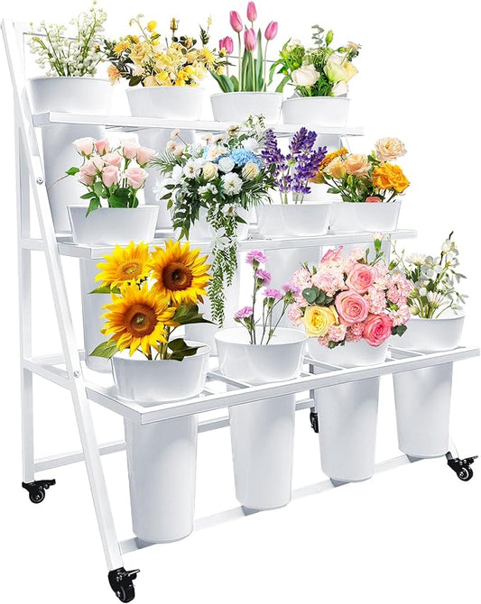 PROLEE Flower Display Stand with 12 Buckets, Flower Cart 3 Layers, Flower Stand Metal with Wheels, Moving Florist Bouquet Shelf, Triangular Rack, White