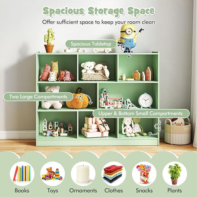 KOTEK Toy Storage Organizer, 5 Cubby Kids Bookshelf, Wooden 3-Tier Bookcase Storage Cabinet, Open Display Book Shelf for Daycare, Nursery, School Classroom, Living Room (Green, 8 Cubes)