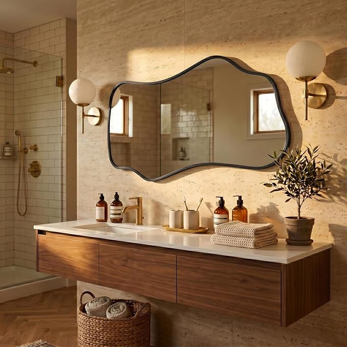 Bathroom Mirrors for Over Sink-Horizontal or Vertical Hanging 47.2"x21.6" Black Asymmetrical Wavy Aluminum Frame Decorative Full Body Mirror for Living Room,Bedroom,Cloakroom,Entryway