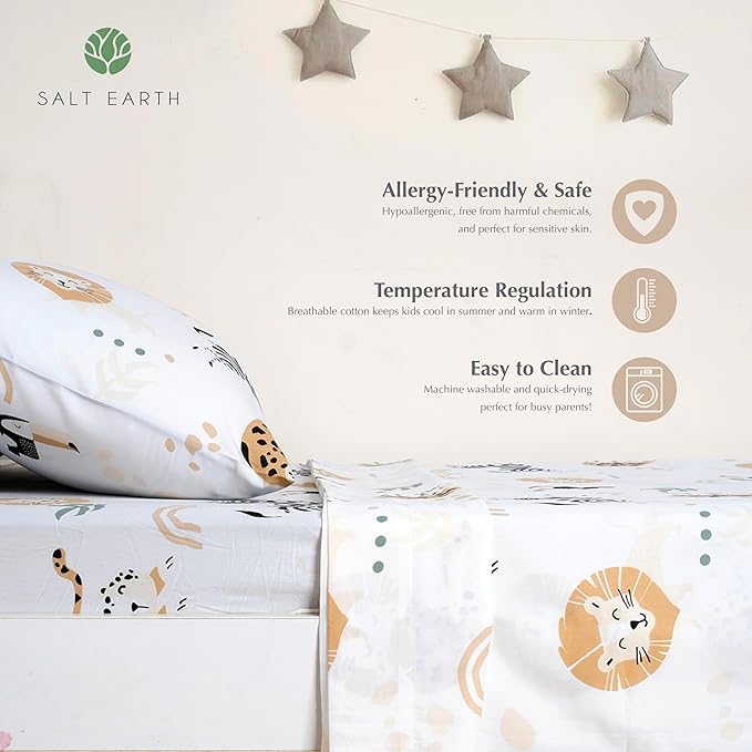 Salt Earth 100% Cotton 210TC Kids Bedsheet, Twin Sheet Set, Toddler Bed, 4-Piece Set – 2 Fitted Sheets & 2 Pillowcases, Themed Toddler Bed Sheets, Cute Kids Bedding (Unicorn/Jungle Safari)