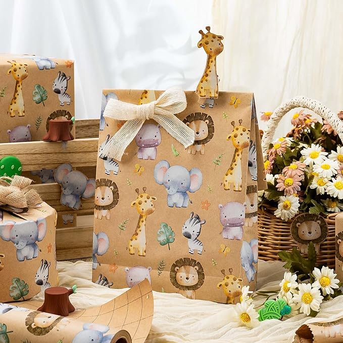Burymento Kraft Animal Wrapping Paper, Cut Auxiliary Line Design Gift Wrap for Baby Shower, Birthday, Valentines, Mothers day, Graduation, Wedding, Fathers day, Christmas (17 Inch X 32.8 Ft)
