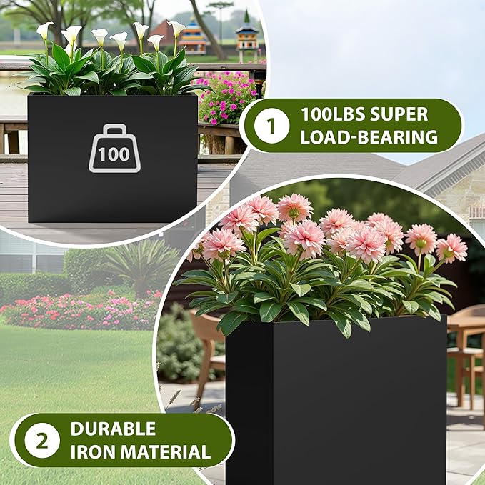 Casaphoriar Metal Planter Box 36"x9"x28", Rectangular Planter with Inner Shelf and Drainage Holes, Perfect for Outdoor Patio and Balcony Decor, Black