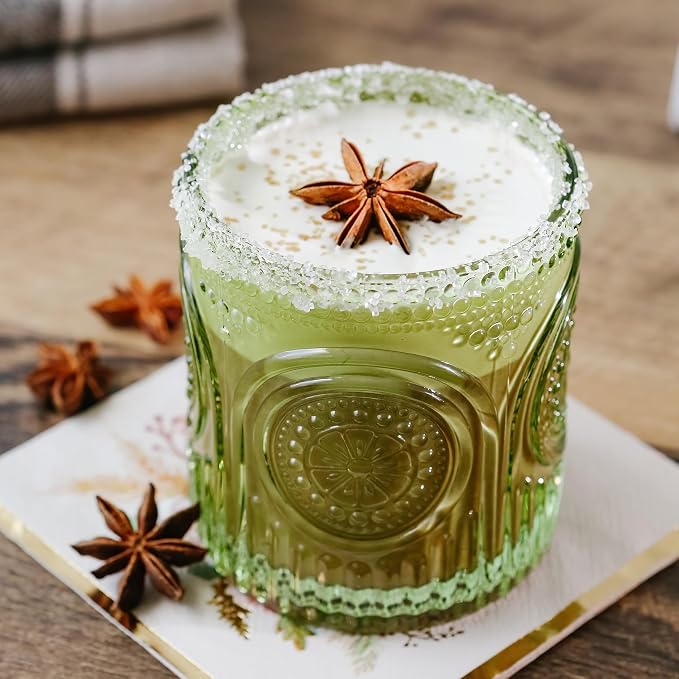 Kate Aspen Retro Arch Floral Green Drinking Glasses Set of 6-10 oz Vintage Beaded Glassware, Textured Water & Cocktail Cups, Holiday Drinkware, Christmas Gift Glass Set, Hostess or Holiday Gift