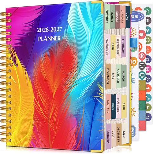 Colorful Feather Planner 2026-2027 | 18-Month Weekly & Monthly Organizer - Large A4 Hardcover, 8.5" x 11"