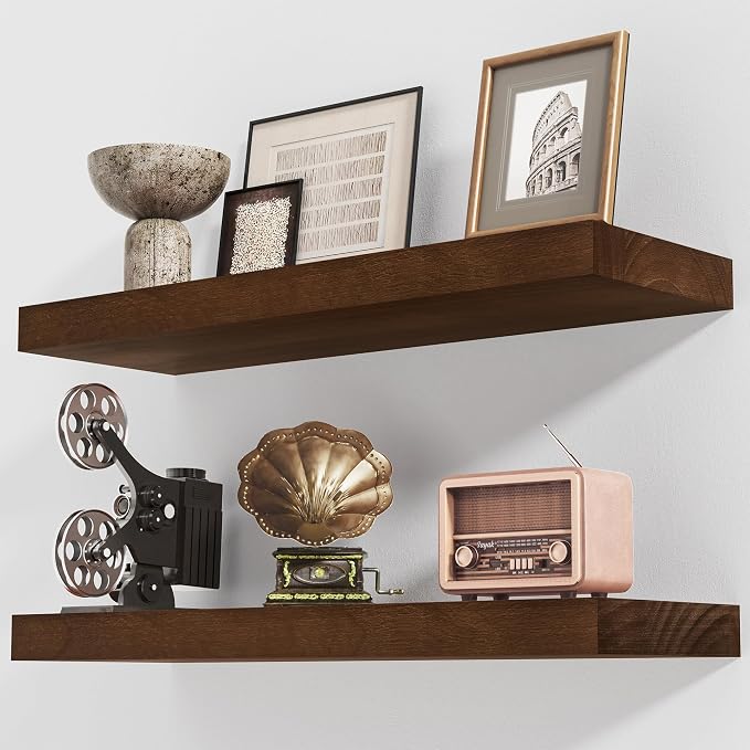 Axeman Floating Shelves, 2 Pack 8 Inch Deep Rustic Solid Wood Wall Shelves for Storage, Wall Mounted Display Shelving with Invisible Heavy-Duty Metal Bracket, 24" W x 8" D x 1.57" H, Walnut Finish