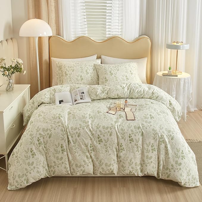 HighBuy 3 Pieces Duvet Cover King Size White Duvet Cover with Green Floral Print,Coquette Soft Cotton Comforter Cover Boho Style,Aesthetic King Bedding Set with Zipper Closure 4 Ties