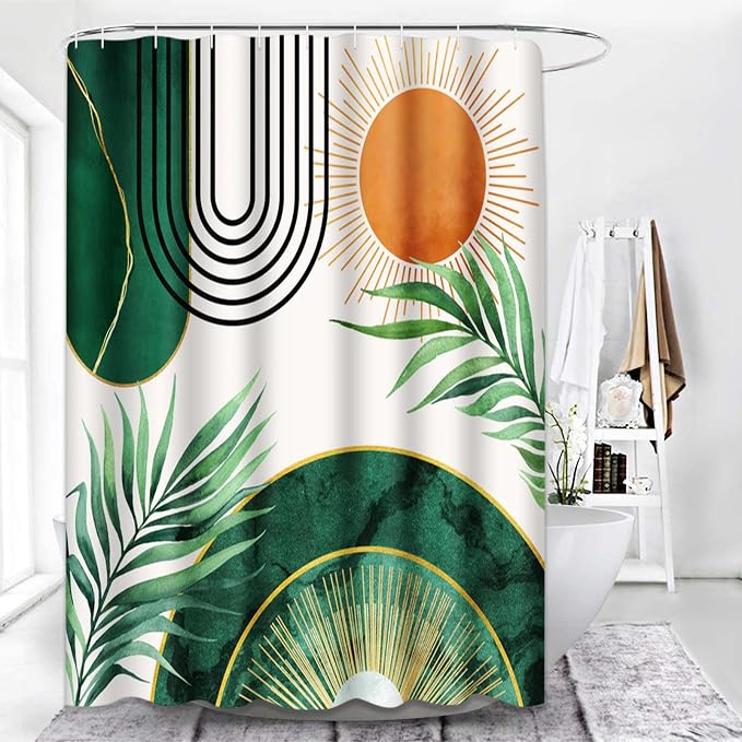 Emvency Shower Curtain Boho Leaves Minimalist Abstract Bohemian Mid Century Palm Botanical Modern Sun Green Bathroom Home Decor Waterproof Polyester Fabric 72 x 72 inches Set with Hooks