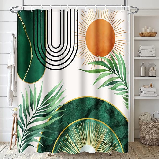 Emvency Shower Curtain Boho Leaves Minimalist Abstract Bohemian Mid Century Palm Botanical Modern Sun Green Bathroom Home Decor Waterproof Polyester Fabric 72 x 72 inches Set with Hooks