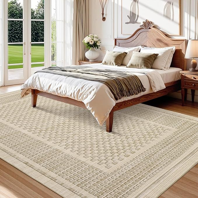 Washable Area Rugs 8x10 Rug for Living Room Modern Bedroom Rug Plaid Farmhouse Large Area Rug Non Slip Throw Rugs Soft Low Pile Stain Resistant Carpet for Dining Room 8'x10' Beige