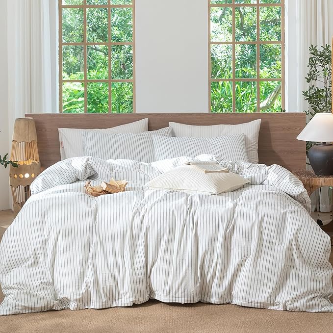 MooMee Striped Duvet Cover Set 100% Washed Cotton Linen Like Textured Breathable Durable Soft Comfy (White Heathered Green Wide Stripes, Oversized Full 82"x86")