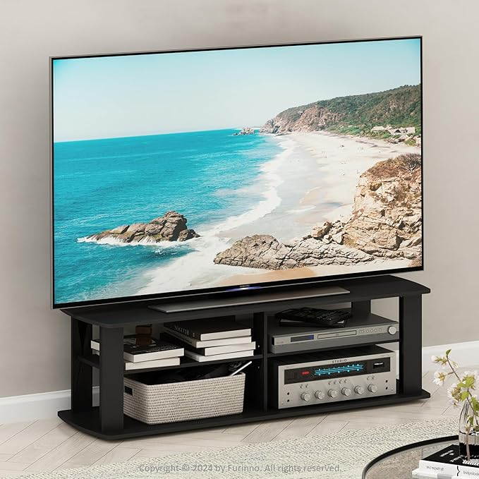 Furinno NELLY TV Stand, 3-Tier Entertainment Center with Open Shelves Storage, TV Console for TV up to 50 Inch, Soft Edges, for Living Room, Bedroom, Black