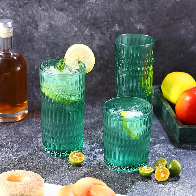 Loivttvv Glassware Drinking Glasses Set of 8, 14 oz Highball Glasses & 10 oz Ribbed Glass Cups, Vintage Glassware for Water, Juice, Cocktail, Whiskey (Dark Green)