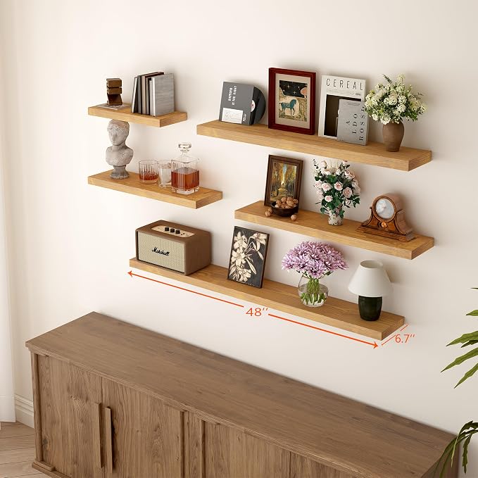 BGMG Floating Shelves 48 Inch Long, Wide Rustic Wooden Wall Shelves for Bathroom Living Room Bedroom Kitchen Farmhouse Set of 2-48x6.7x1.25 Inch - Rustic Brown