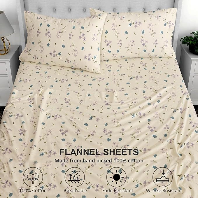 RUVANTI Flannel Sheets Full Size - 100% Cotton Double Brushed Bed Sheets Set, Deep Pockets 16 Inches, All Seasons Breathable & Extra Soft Full Sheets, Warm & Cozy, 4 Piece, Jasmine Stamp Cream