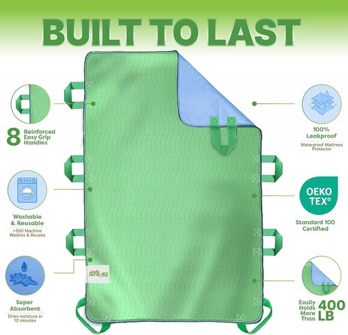 Skiennix Absorbent Bed Pads for Elderly - Washable Waterproof Incontinence Sheets 34"x52" | 8 Handles for Easy Mobility