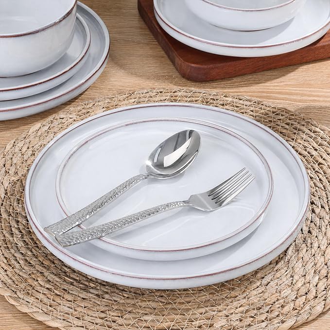 E-far Stoneware Dinnerware Sets for 2, 6 Pieces Reactive Glaze Plates and Bowls Sets, Elegant Dishes with Rustic Terracotta Base, Dishwasher & Microwave Safe, Scratch Resistant, Glacier White
