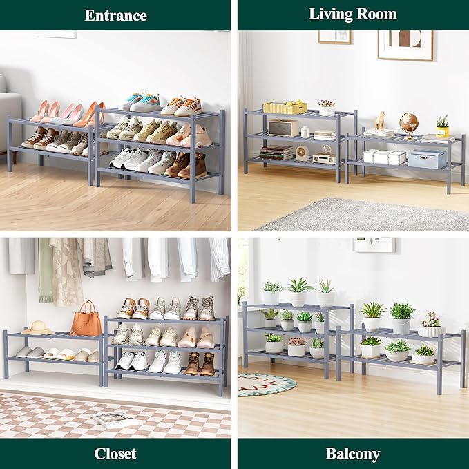 Smiry Bamboo Shoe Rack for Closet, 2 Tier Long Wooden Stackable Shoe Organizer, Free Standing Shoes Storage Shelf for Entryway, Front Door Entrance, Grey