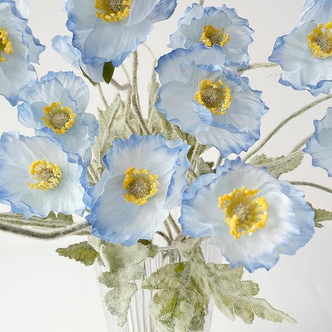 6PCS Blue Artificial Poppy Flowers with Stems Faux Poppies Bouquets Silk Spring Floral for Indoor Table Party Arrangement Wedding Ceremony Decor